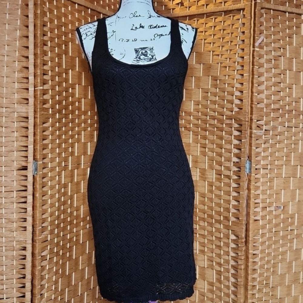 Madden NYC, Scoop Neck Fitted Mini, Crochet  Sexy Black Fully Lined X Back Dress - Picture 2 of 9